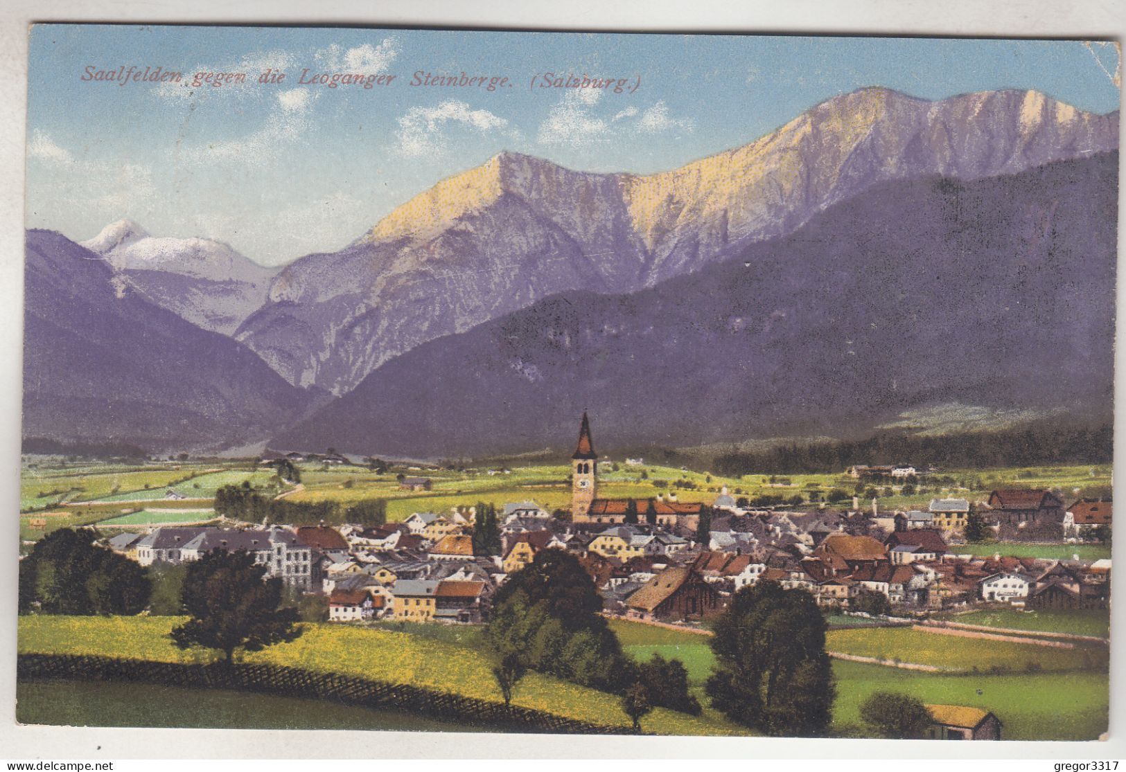 C7405) SAALFELDEN Gegen Die Leoganger Steinberge - Salzburg - Bäume Kirche Häser Berge ALT 1917  - - Saalfelden