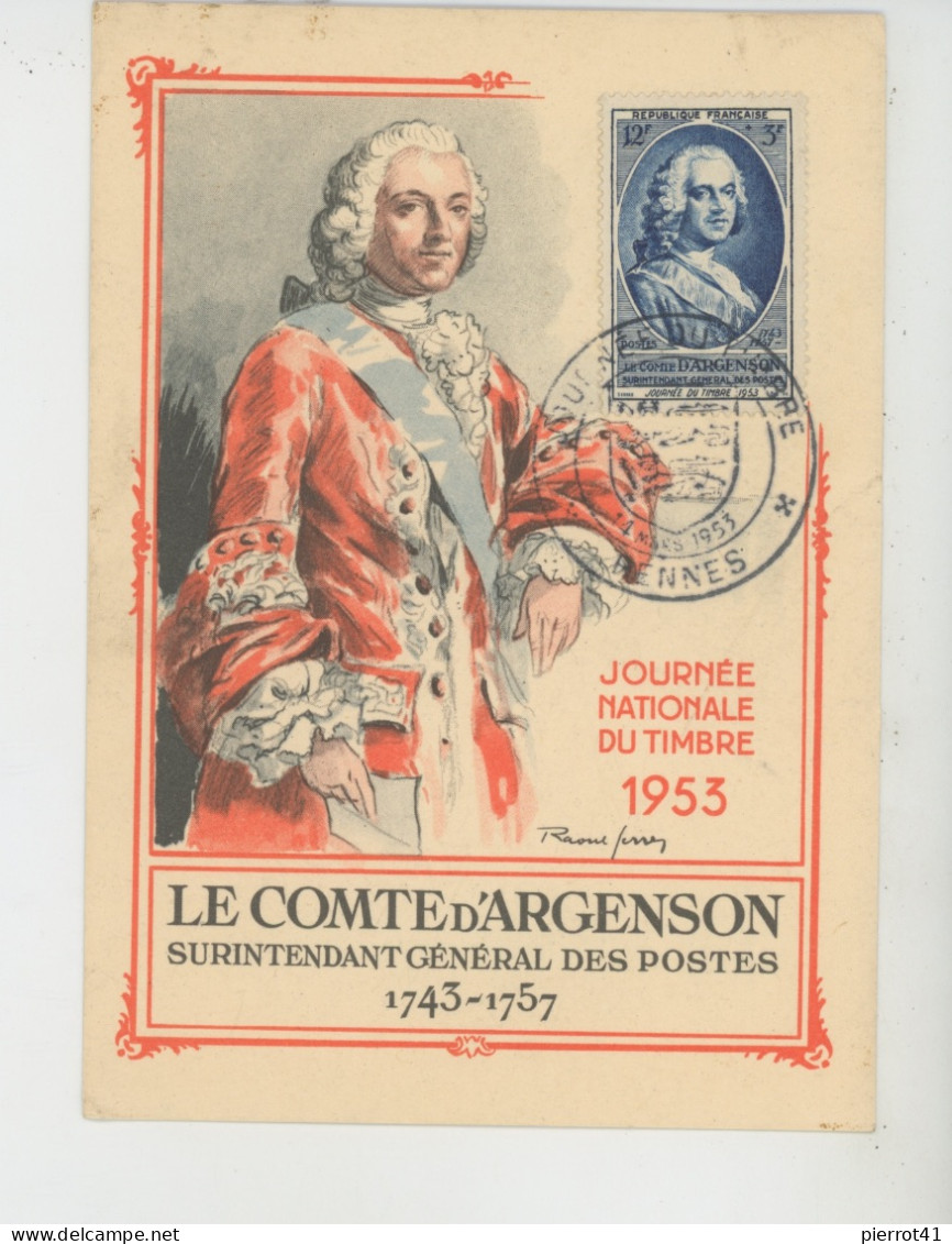 POSTE - CARTE PREMIER JOUR - 14 MARS 1953  - RENNES - Portrait Du COMTE D'ARGENSON , Surintendant Général Des Postes - Poste & Facteurs