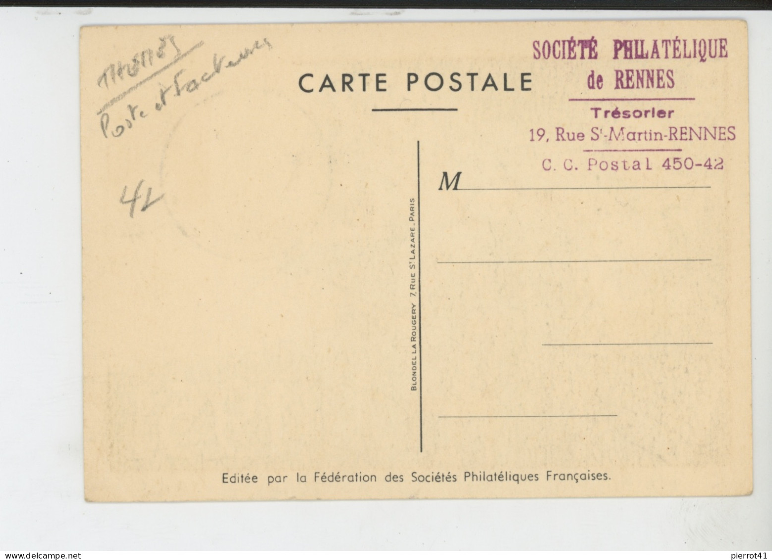 POSTE - CARTE PREMIER JOUR - 10 MARS 1951 - RENNES - JOURNEE NATIONALE DU TIMBRE - Poste & Facteurs