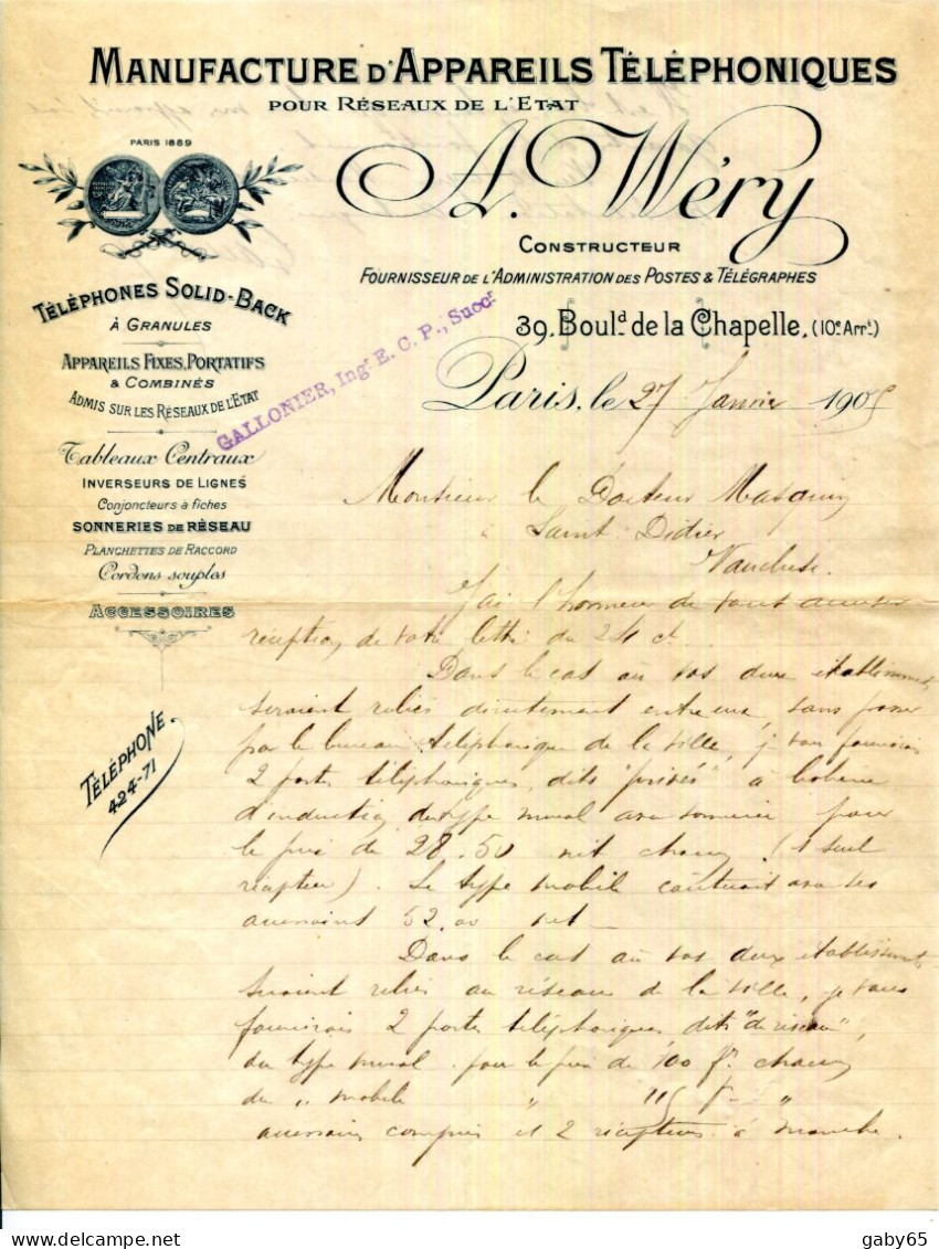 FACTURE.PARIS.MANUFACTURE D'APPAREILS TELEPHONIQUES POUR RESEAUX DE L'ETAT.A.WERY 39 BOULEVARD DE LA CHAPELLE. - Electricidad & Gas