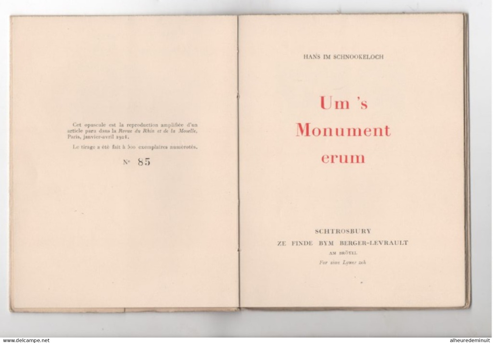 UM 'S MONUMENT ERUM-HANS IM SCHNOOKELOCH"SCHTROSBURY-1924"SCULPTURES"Opuscule Numéroté Et Dédicacé Par L'auteur - Peinture & Sculpture