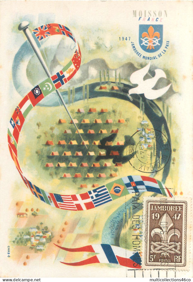 160423 - CPSM SCOUT TIMBRE JAMBOREE MONDIAL DE LA PAIX 1947 5 F éditions PP OZANNE - MOISSON FRANCE Colombe - B - Used Stamps