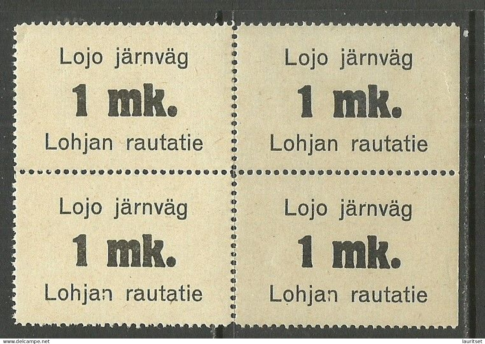 FINLAND FINNLAND 1912 LOHJA Lojo Railway Stamp 4-block MNH Incl Light Set Off Variety - Paquetes Postales