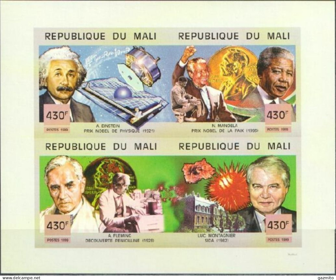 Mali 1999, Einstein, Mandela, Fleming, Montagnier, 4val In BF IMPERFORATED - Albert Einstein