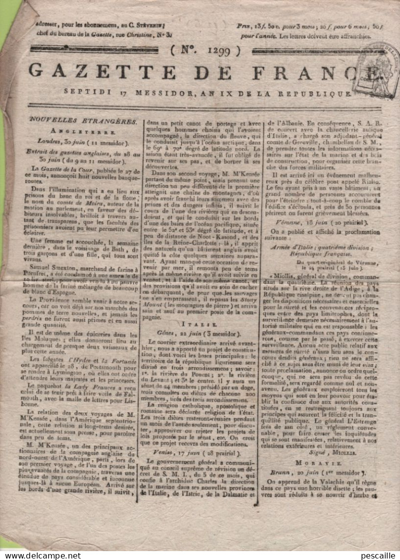 GAZETTE DE FRANCE 17 MESSIDOR AN 9 - GENES - VENISE - VERONNE - VALACHIE - EGYPTE RHAMANIE - INSTRUCTION PUBLIQUE ... - Kranten Voor 1800
