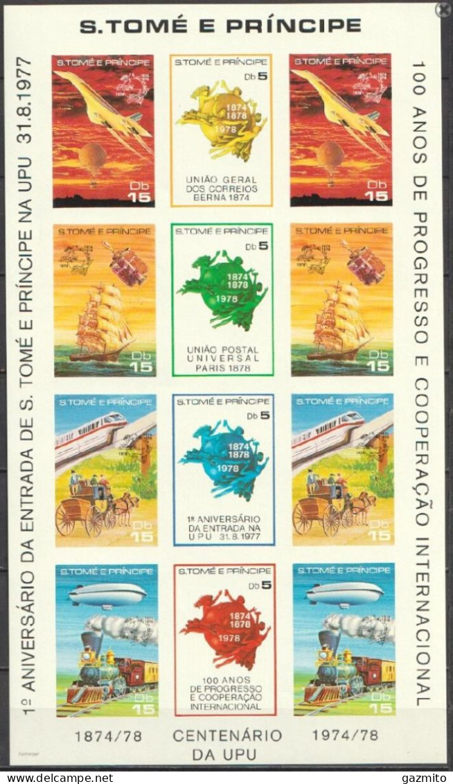 S. Tomè 1978, 1st Entrance In UPU, Concorde, Ship, Satellite, Train, Carriage, Zeppelin, Sheetlet - Diligences