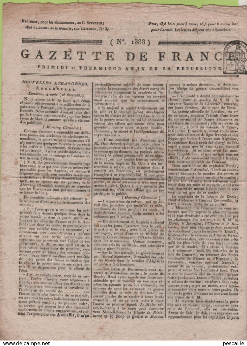 GAZETTE DE FRANCE 21 THERMIDOR AN 9 - INVASION DE L'ANGLETERRE - PORTUGAL - BERLIN - MAYENCE - BRUXELLES - FOLLE-ENCHERE - Periódicos - Antes 1800