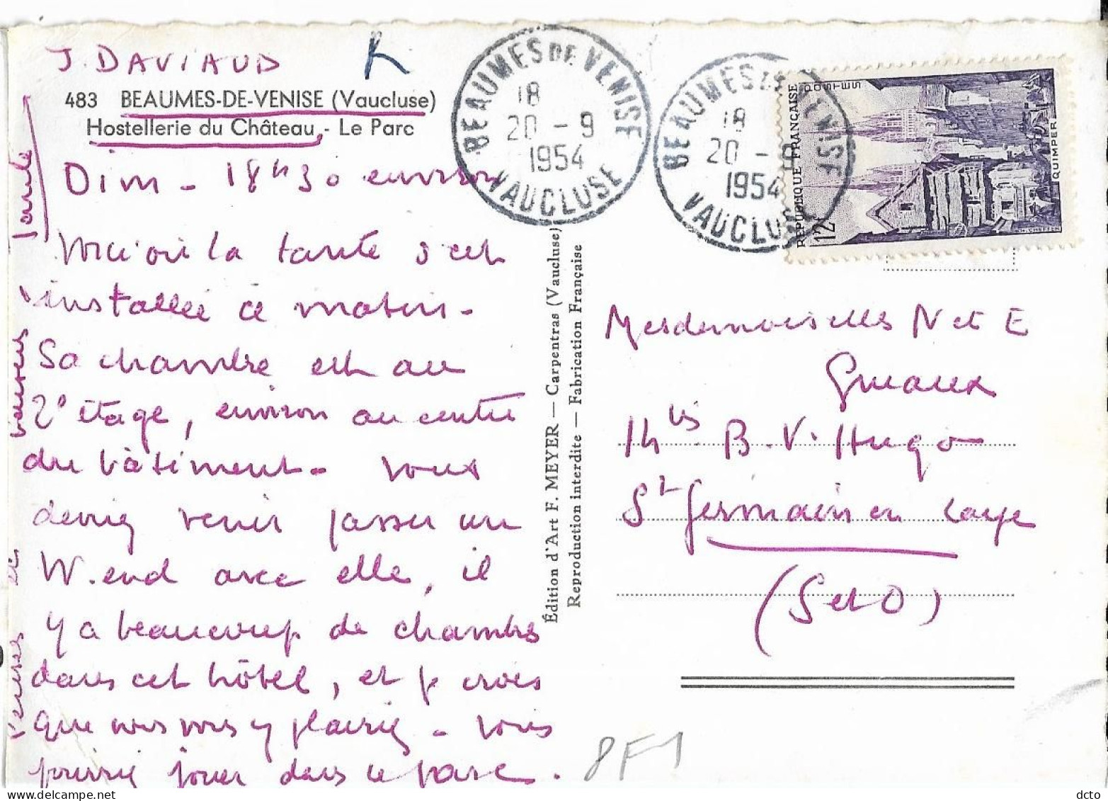 BEAUMES E VENISE (84) Hostellerie Du Château. Parc, Ed. Junon Meyer 483, Cpsm GF, 1954 - Beaumes De Venise
