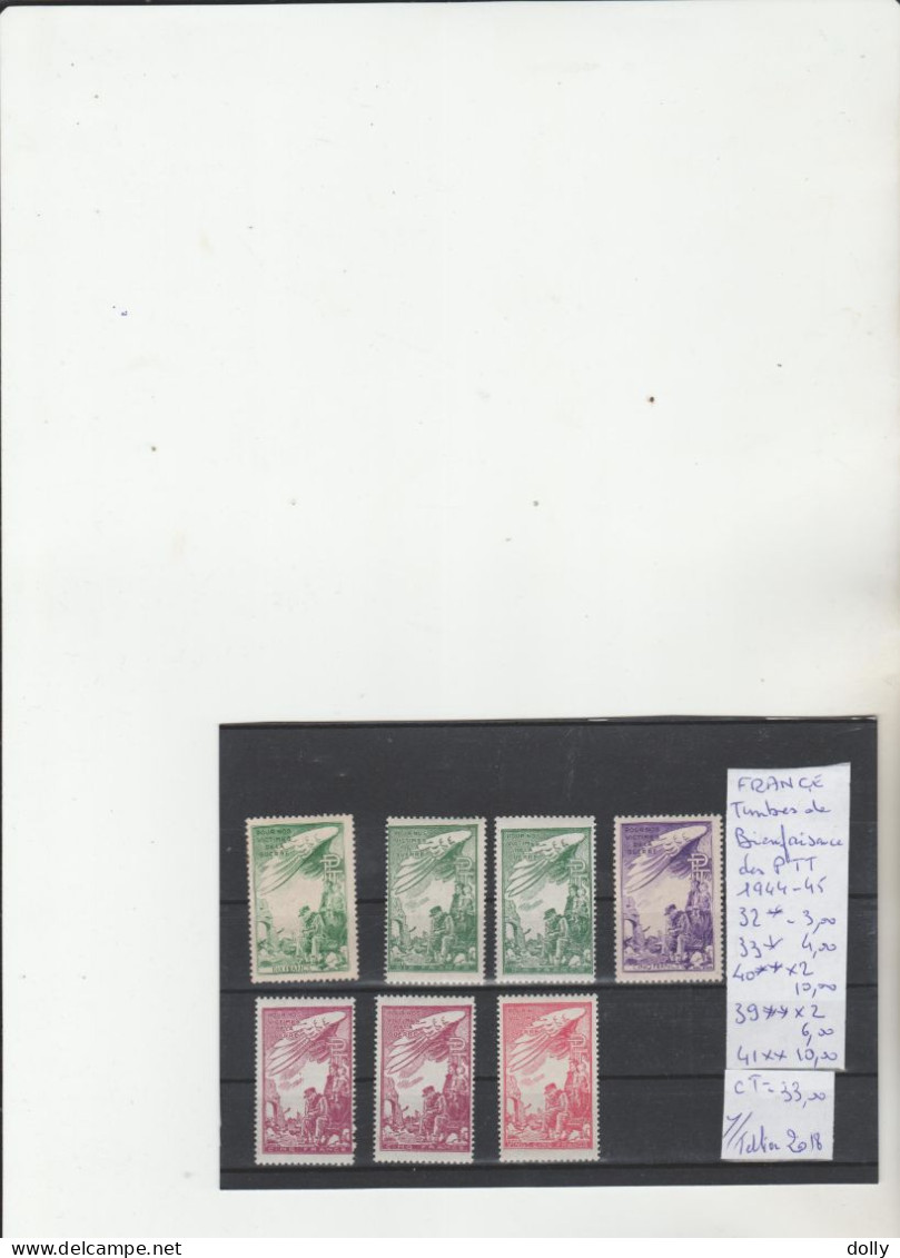 TIMBRES DE FRANÇE NEUF**MNH   TIMBRES DE BIENFAISANCE DES PTT 1944-45    LOT VOIR SUR PAPIER AVEC TIMBRES COTE 33.00  € - 1999-2009 Vignette Illustrate