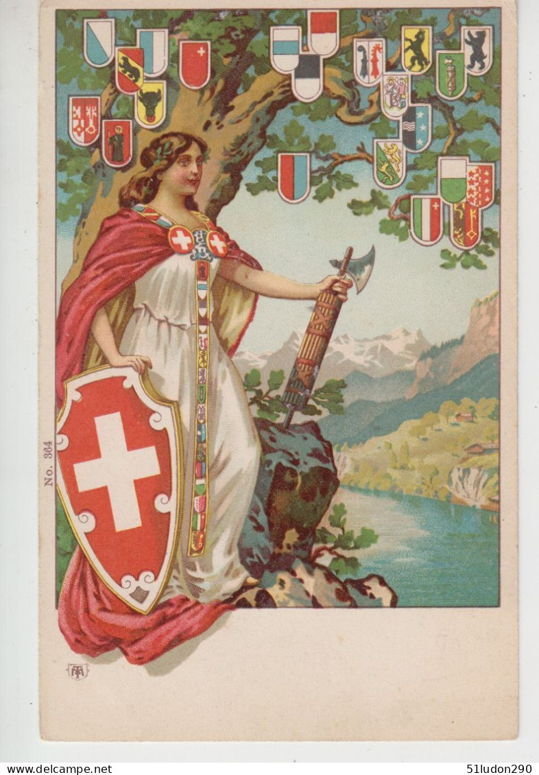 CPA Précurseur Allégorie De La Suisse - Dans L'arbre, Les Blasons Des 22 Cantons (jeune Femme Avec Robe Rouge) - St. Anton