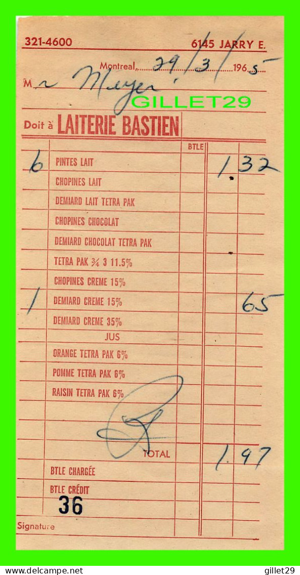 FACTURE DE LA LAITERIE BASTIEN INC, Rue JARRY E - FACTURE No 36 - MONTANT DE 1,97$ EN 1964 - - Canada