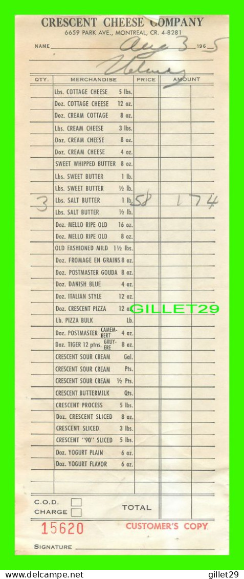 FACTURE - CRESCENT CHEESE COMPANY, PARK Ave - FACTURE No 16967 - MONTANT DE 1,76$ EN 1965 - - Kanada