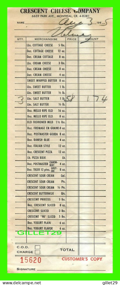 FACTURE - CRESCENT CHEESE COMPANY, PARK Ave - FACTURE No 15620 - MONTANT DE 1,74$ EN 1965 - - Canada