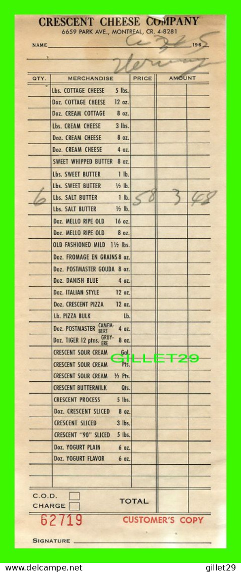 FACTURE - CRESCENT CHEESE COMPANY, PARK Ave - FACTURE No 62719 - MONTANT DE 3,48$ EN 1965 - - Canadá
