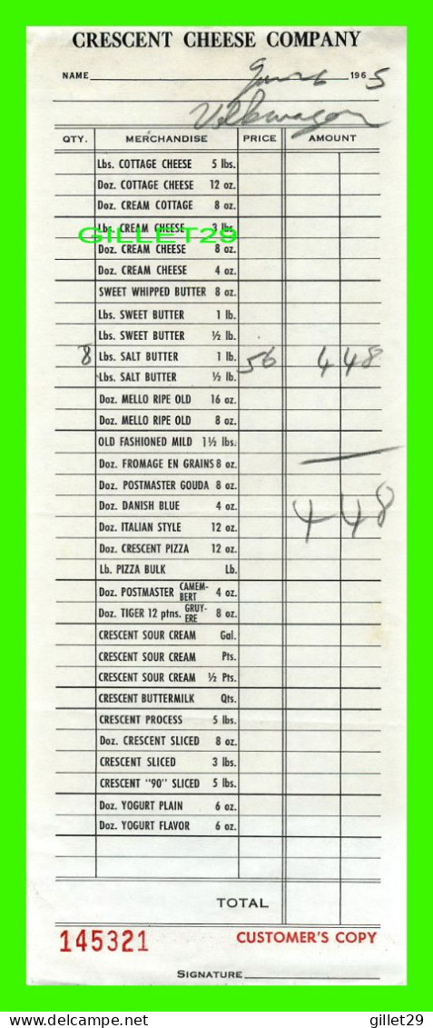 FACTURE - CRESCENT CHEESE COMPANY, PARK Ave - FACTURE No 145321 - MONTANT DE 4,48$ EN 1965 - - Canada