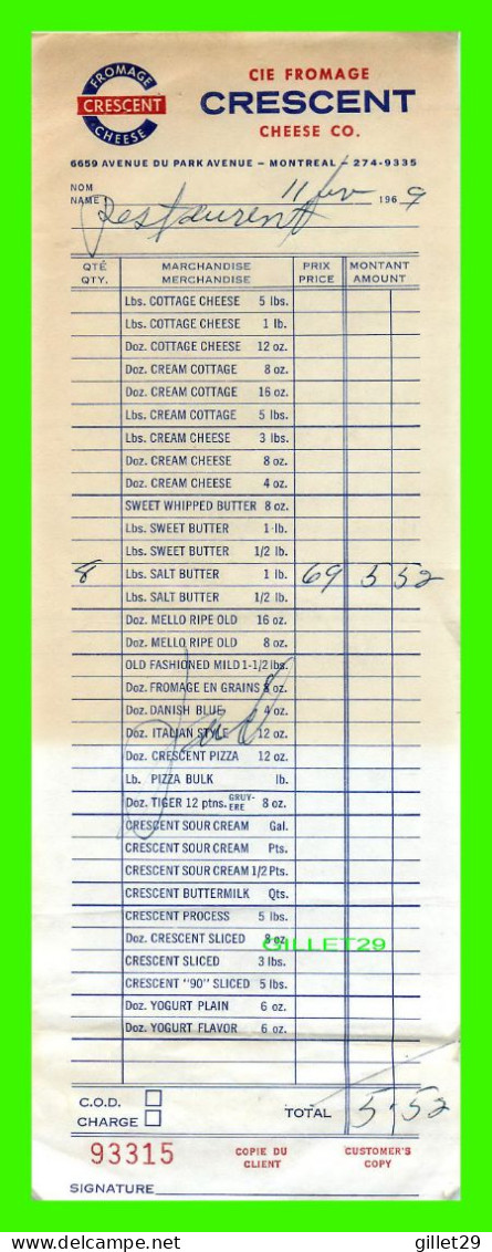 FACTURE - CIE FROMAGE CRESCENT CHEESE CO, PARK Ave - FACTURE No 93315 - MONTANT DE 5,52$ EN 1969 - - Canadá