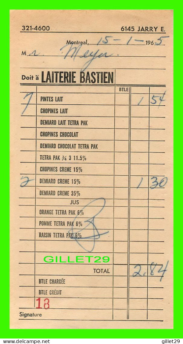 FACTURE - LAITERIE BASTIEN INC, ÙRUE JARRY EST - FACTURE No 18 - MONTANT DE 2.84$ EN 1965 - - Kanada