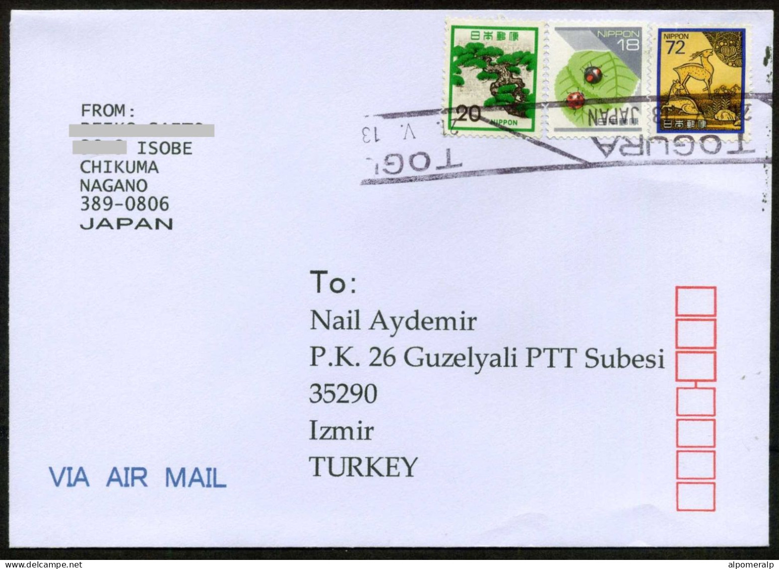 Japan, Togura 2013 Air Mail Cover Used To İzmir | Mi 1136A, 2199A, 1834 1972 Pine Tree, Ladybird, Deer - Briefe U. Dokumente