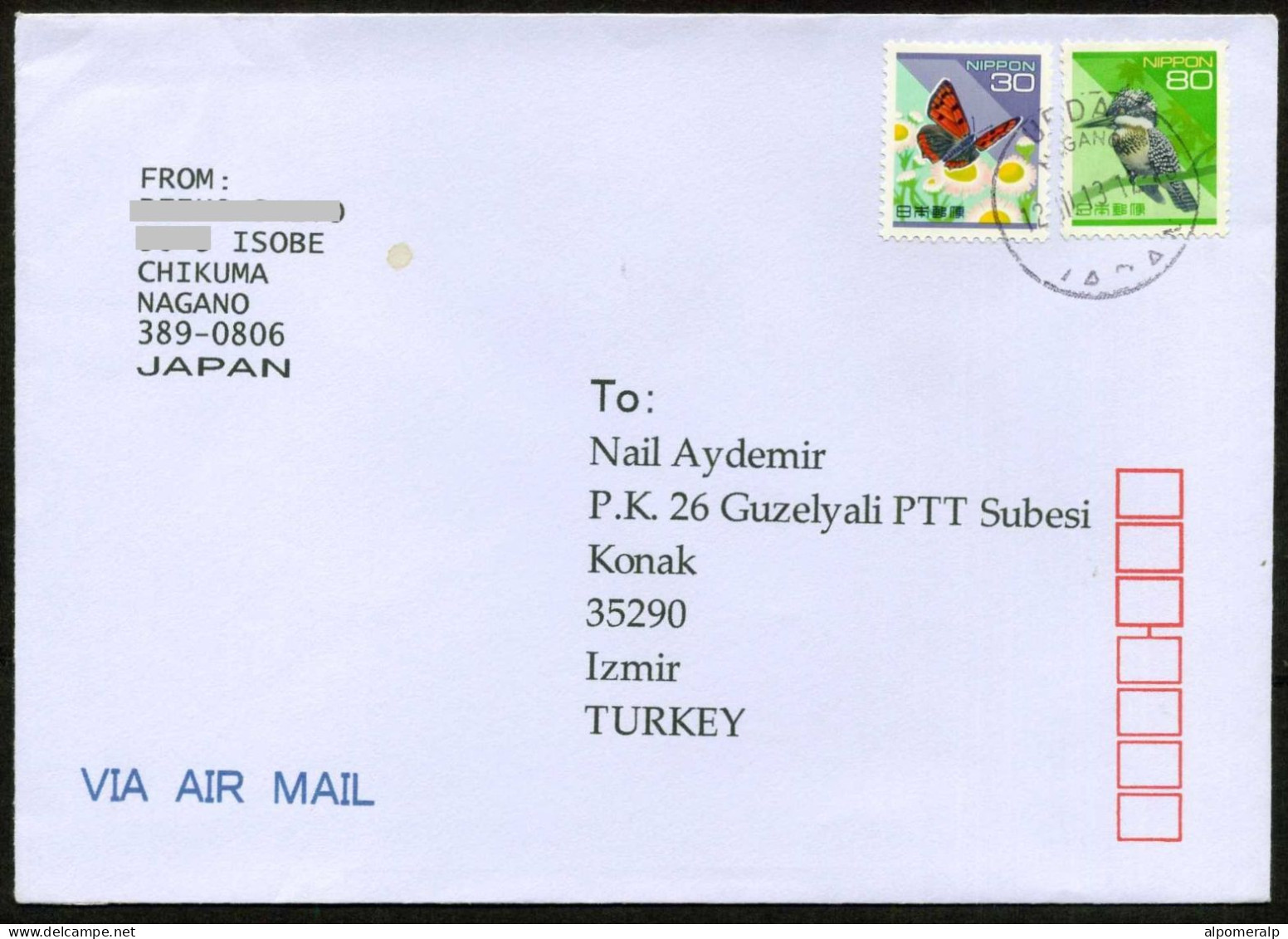 Japan, Nagano Ueda 2013 Air Mail Cover Used To İzmir | Mi 2199A, 2509A Crested Kingfisher, Birds, Butterflies - Briefe U. Dokumente
