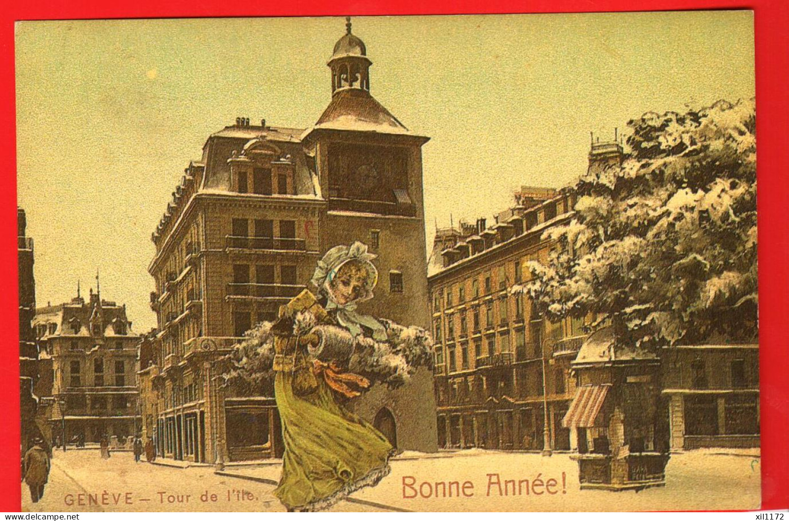 ZUZ-21 Litho Genève Tour De L'Ile Bonne Année. Jeune Femme Faisant Ses Emplettes. GF NC Repro - Genève