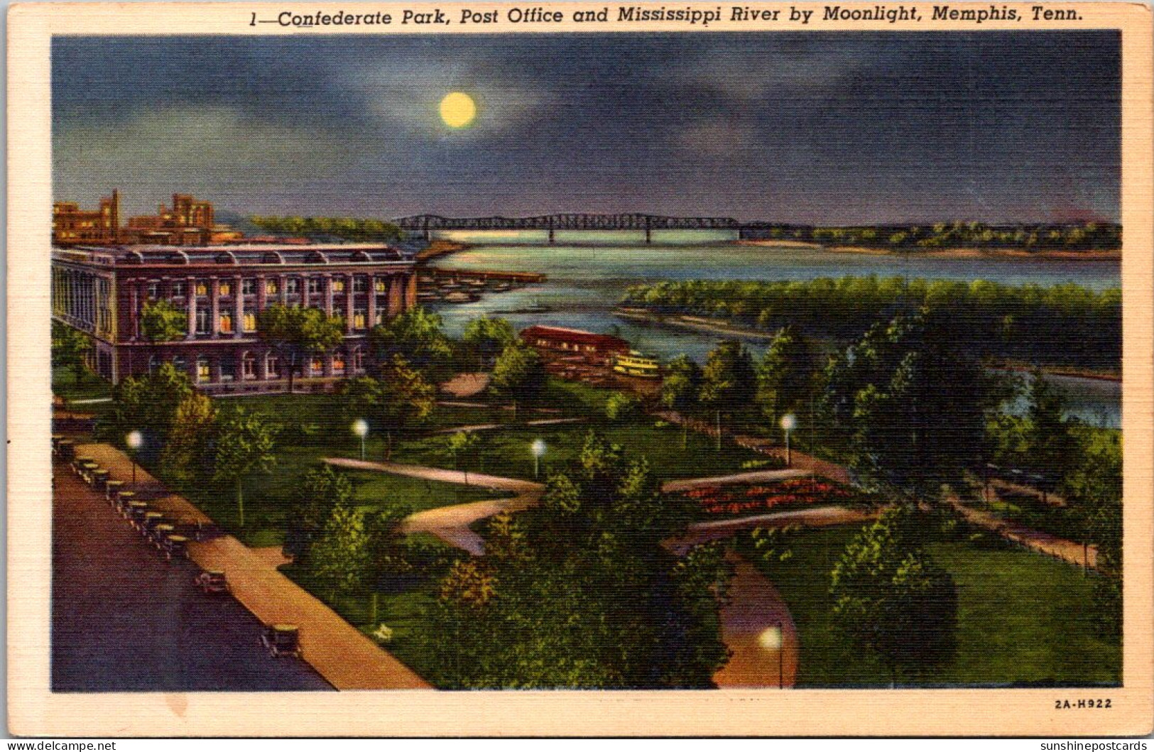 Tennessee Memphis Confederate Park Post Office And Mississippi River By Moonlight Curteich - Memphis