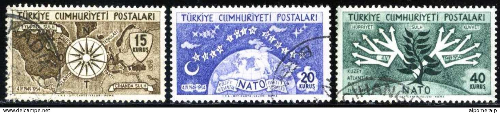Türkiye 1954 Mi 1388-1390 NATO, 5th Anniversary | Compass And World Map, Globe, Crescent And Stars - Used Stamps