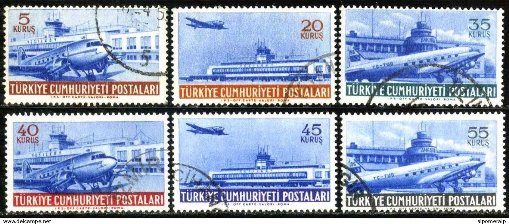 Türkiye 1954 Mi 1404-1409 Airmail, Plane, Aircraft, Douglas DC 3, Airfield, Yeşilköy And Esenboğa Airport - Oblitérés