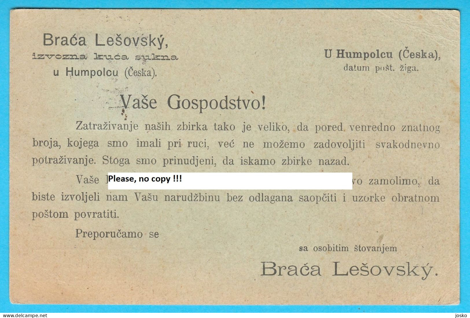 BRAĆA LEŠOVSKY - HUMPOLEC (Vysočina Region Czech Republic) Stationery Travelled 1910. In Cavtat Near Dubrovnik - Croatia - Unclassified