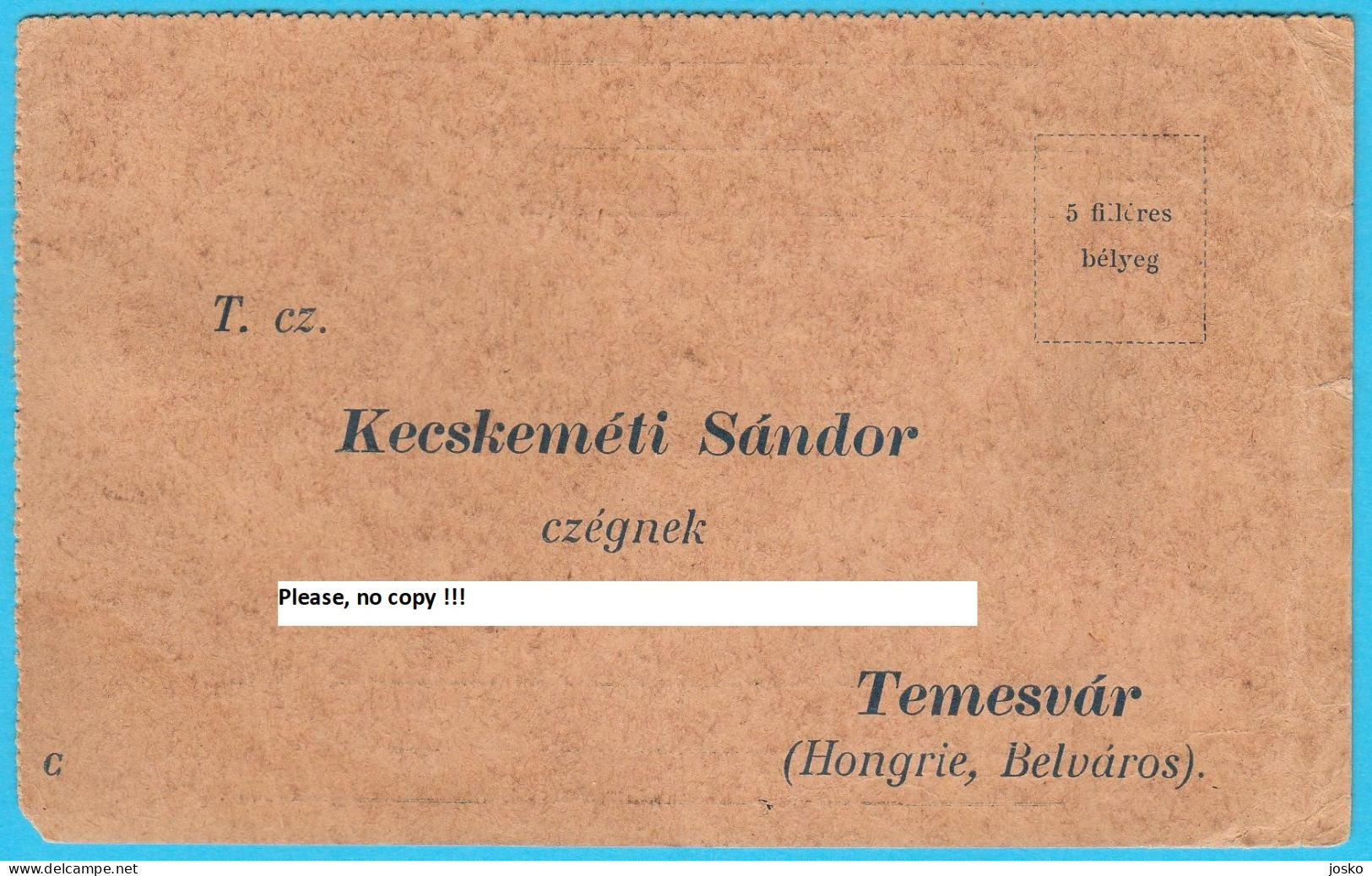 KECSKEMETI SANDOR Czegnek - TEMESVAR (Hungary - Belvaros) Vintage Stationery, Not Travelled * Timișoara - ...-1918 Préphilatélie