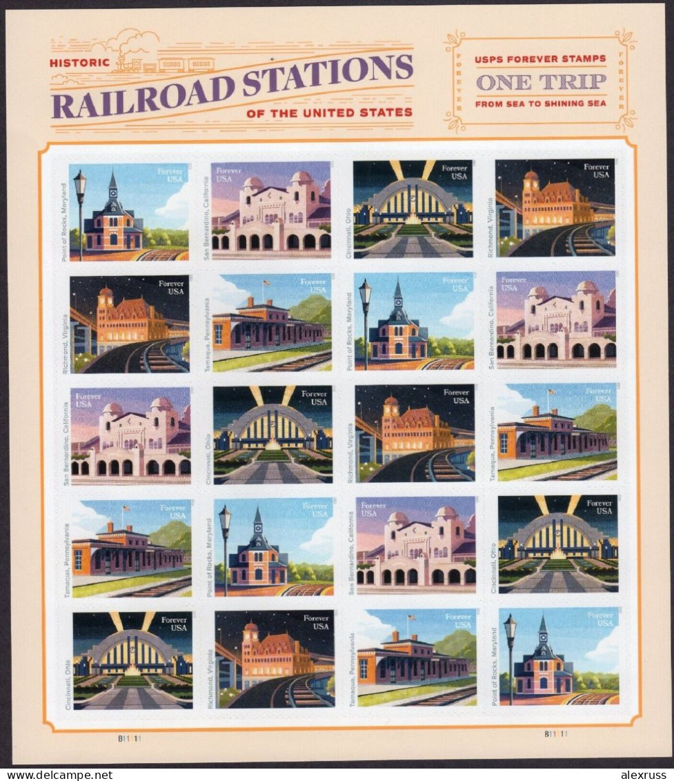 2023 US Railroad Stations Forever Stamp Sheet Scott # 5758-5762 USPS Sealed ! Collector Item ! - Fogli Completi