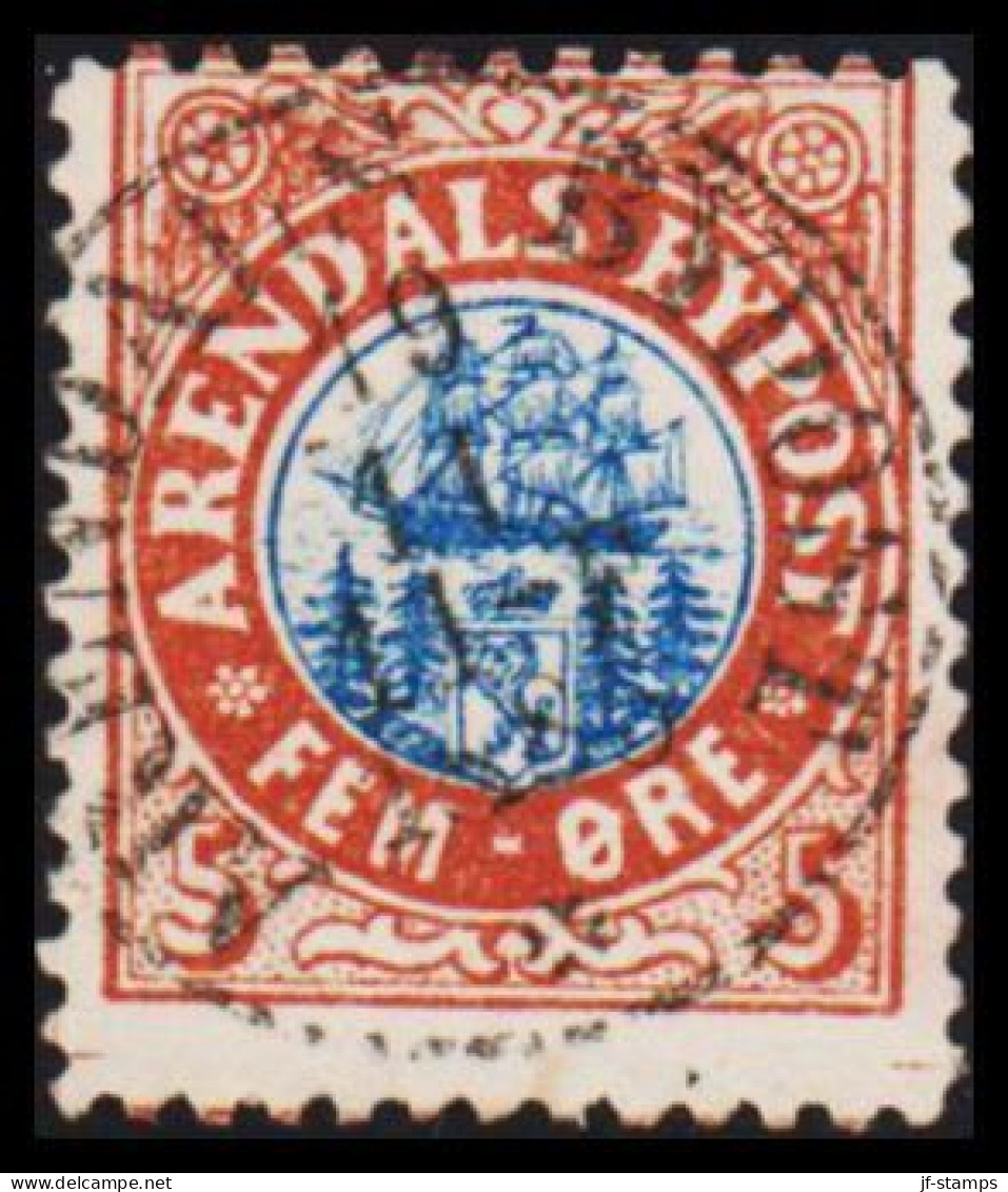 1885. NORGE. ARENDALS BYPOST FEM ÖRE. LUXUS Cancelled ARENDALS BYPOST 19 11 1885. - JF531596 - Emisiones Locales