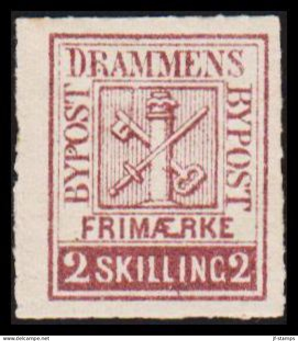 1869. NORGE. BYPOST DRAMMENS BYPOST 2 SKILLING. Imperforated. Hinged.  - JF531603 - Lokale Uitgaven