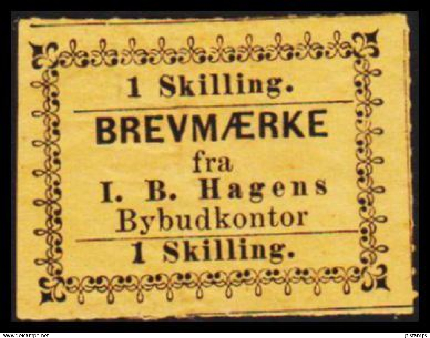 1869. NORGE.  DRAMMENS BYPOST 1 SKILLING BREVMÆRKE Fra I. B. Hagens Bybudkontor. Imperforated. Hinged. Thi... - JF531604 - Lokale Uitgaven