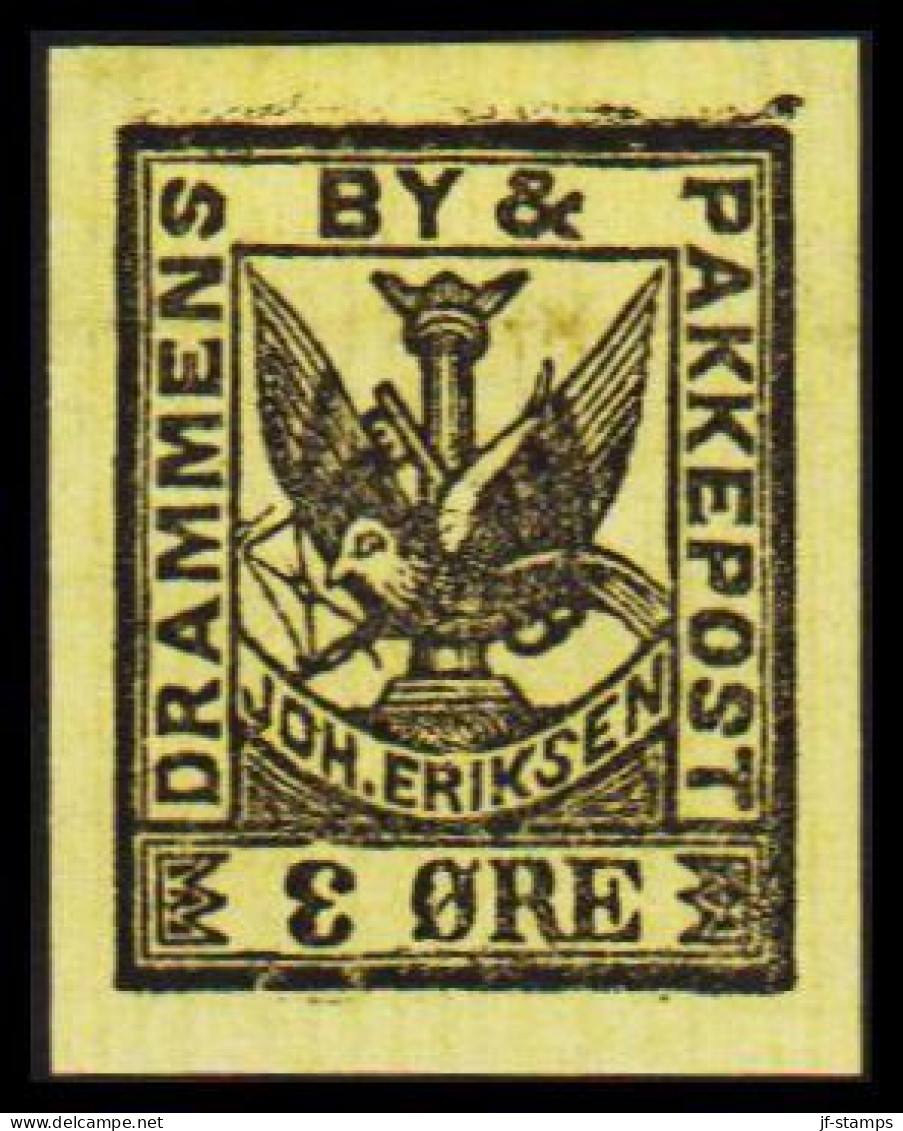 1887. NORGE. DRAMMENS BY- & PAKKEPOST JOH. ERIKSEN 3 ØRE. Imperforated. Hinged. - JF531609 - Emissions Locales