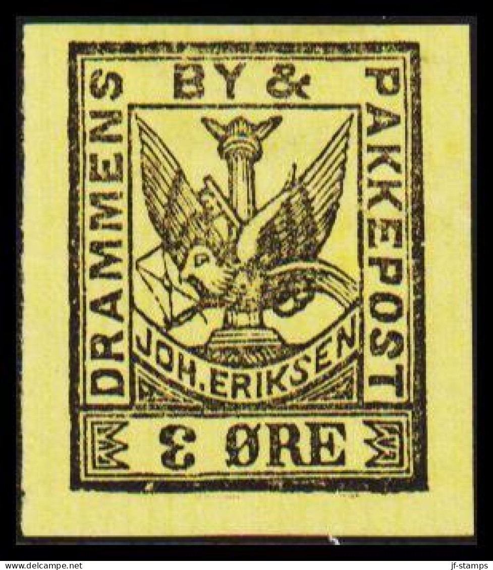 1887. NORGE. DRAMMENS BY- & PAKKEPOST JOH. ERIKSEN 3 ØRE. Imperforated. No Gum. - JF531610 - Local Post Stamps