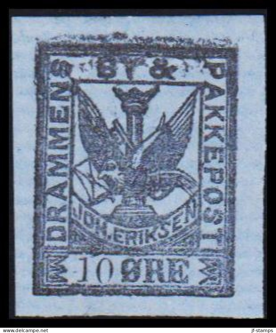 1887. NORGE. DRAMMENS BY- & PAKKEPOST JOH. ERIKSEN 10 ØRE. Imperforated. No Gum. - JF531612 - Local Post Stamps