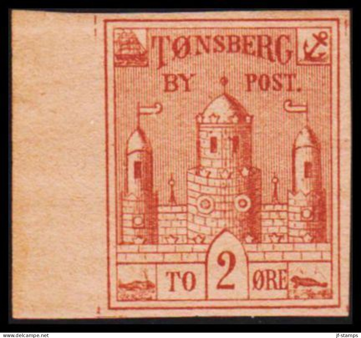 1884. NORGE. TØNSBERG BY POST TO 2 ØRE With Left Sheet Margin. No Gum. - JF531635 - Local Post Stamps