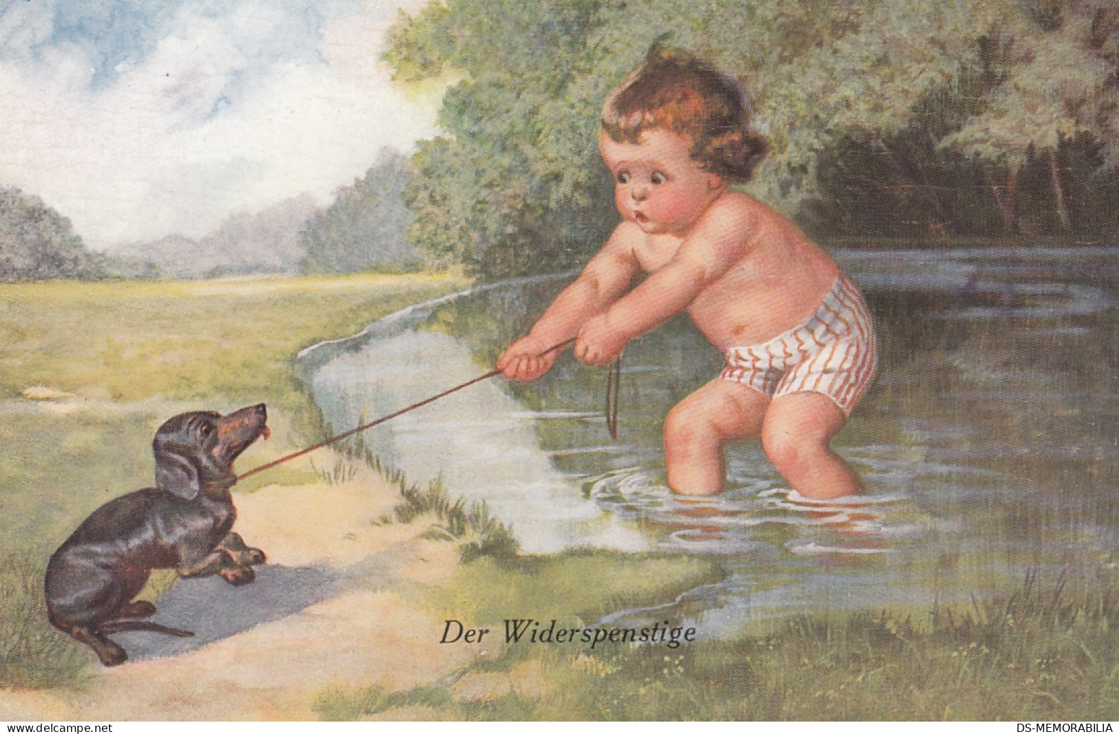 Wally Fialkowska - Child Pulling A Dachshund Dog Into The Water - Fialkowska, Wally