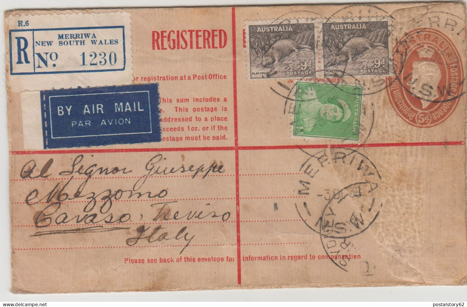 Australia, Merriwa, New South Wales To Cavaso Del Tomba, Treviso Italy. Cover Intero Postale Raccomandato. 3 Dic. 1938 - Lettres & Documents