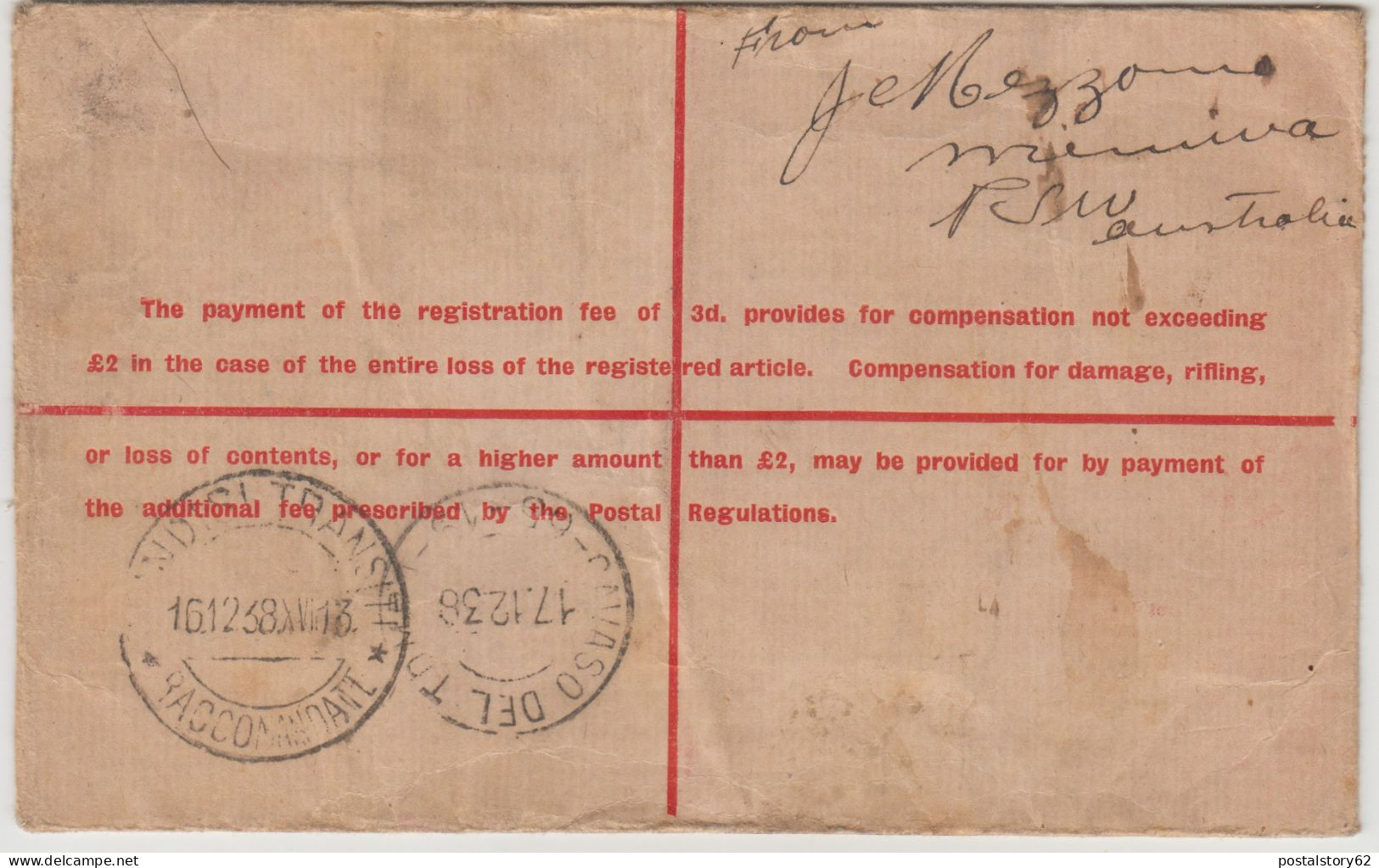 Australia, Merriwa, New South Wales To Cavaso Del Tomba, Treviso Italy. Cover Intero Postale Raccomandato. 3 Dic. 1938 - Brieven En Documenten