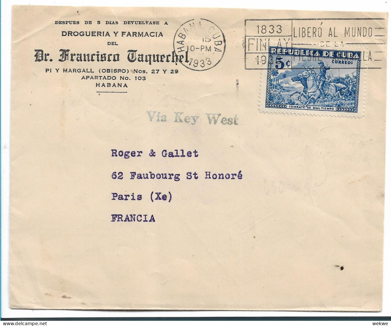 CUBA 048 / Unabhängigkeit 1898. Schlacht Bei Colisao + Thema Gelbfieber (Medizin) Im Stempel, Ex Key West Nach Paris - Storia Postale