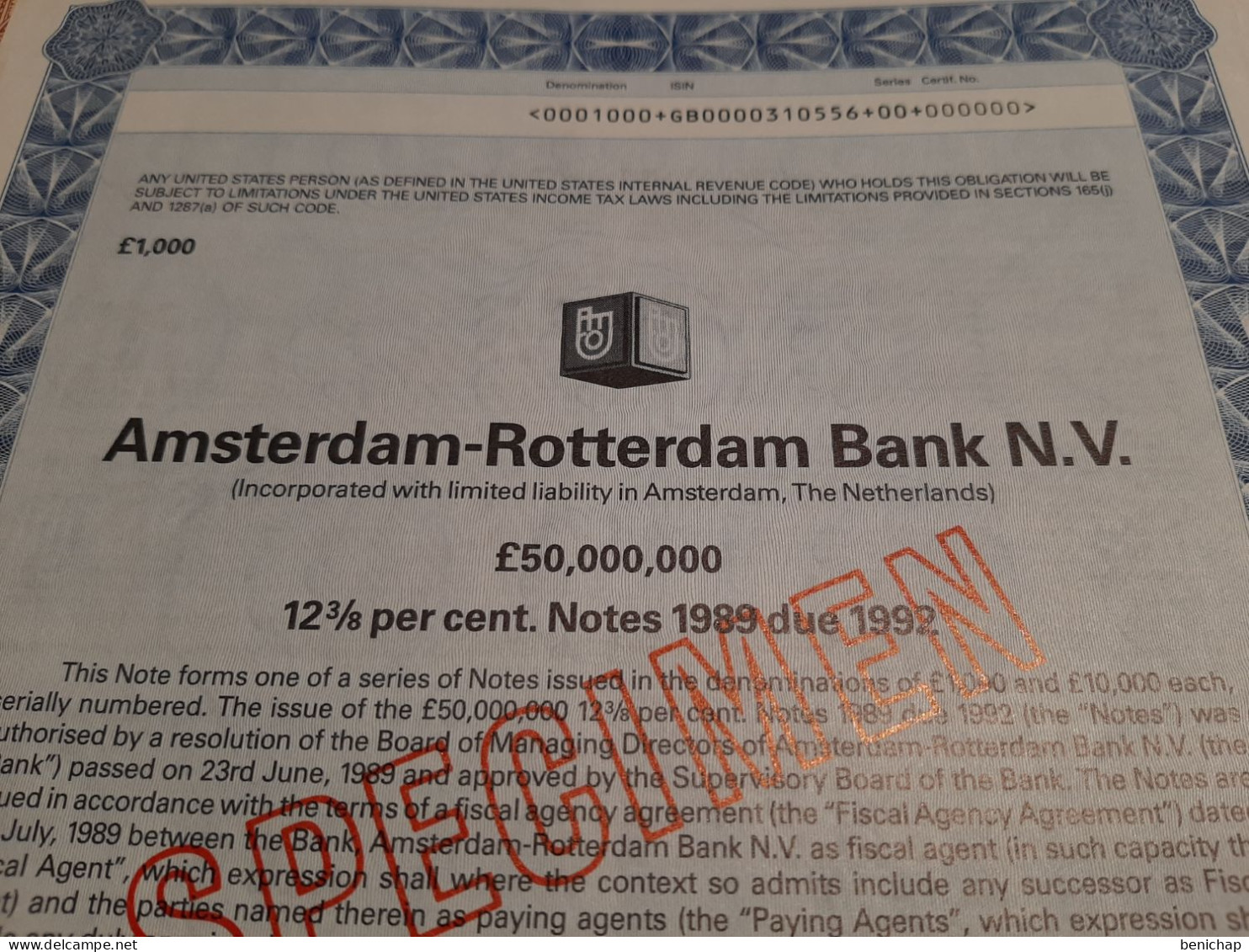 Amsterdam - Rotterdam Bank N.V. - £ 1000 Pounds Sterling - The Netherlands Amsterdam 3rd July 1989. - Bank En Verzekering