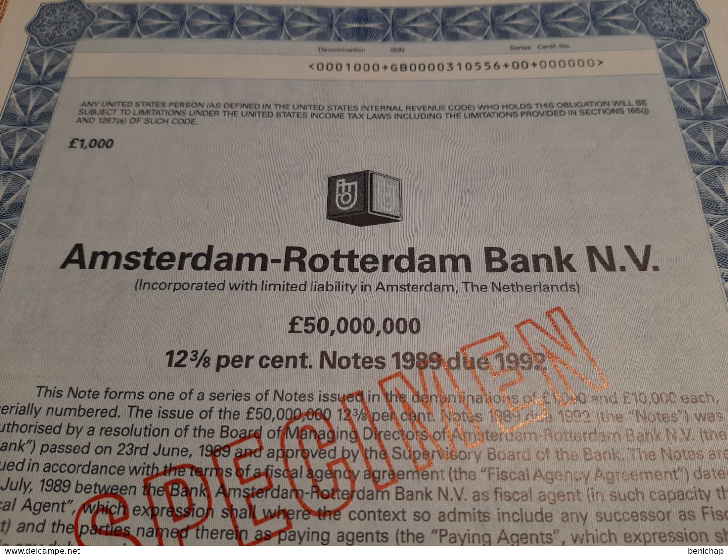 Amsterdam - Rotterdam Bank N.V. - £ 1000 Pounds Sterling - The Netherlands Amsterdam 3rd July 1989. - Banque & Assurance