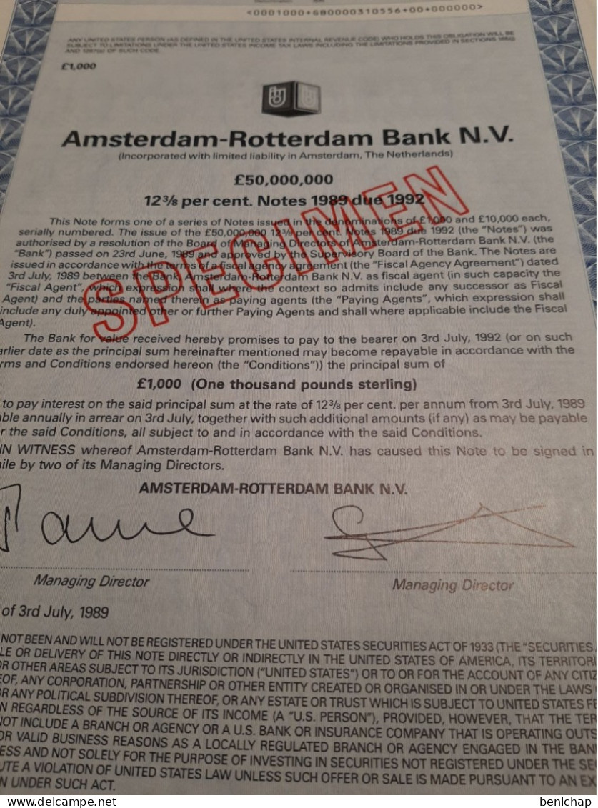 Amsterdam - Rotterdam Bank N.V. - £ 1000 Pounds Sterling - The Netherlands Amsterdam 3rd July 1989. - Banque & Assurance