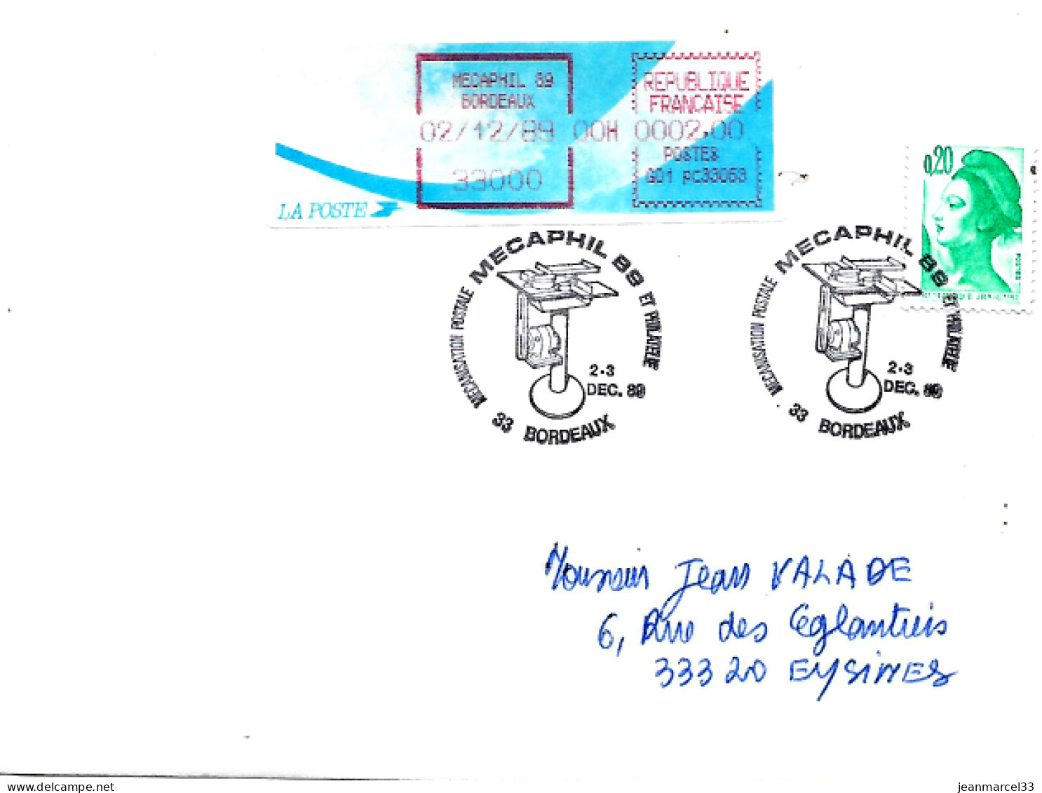 Lettre Mécaphil 89 Bordeaux 02/12/89 Affranchissement Vignette Comète à 2,00 + Timbre à 0,20 Et Cachet Temporaire - Briefe U. Dokumente