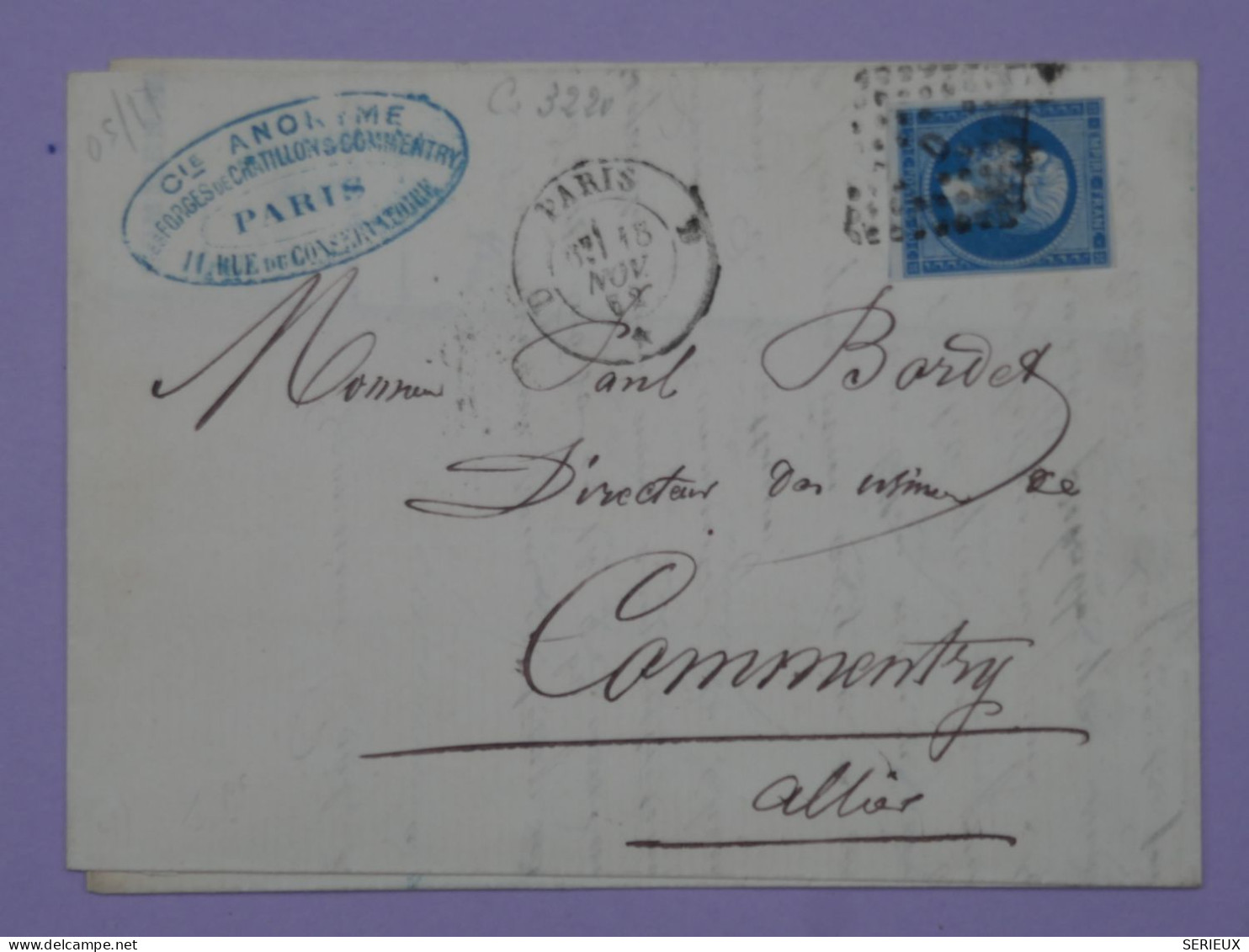 BR2 FRANCE BELLE LETTRE   1862  PARIS  A  COMMENTRY+N°14 BATON D  +LE PRESIDENT CONSEIL++ - 1853-1860 Napoleon III