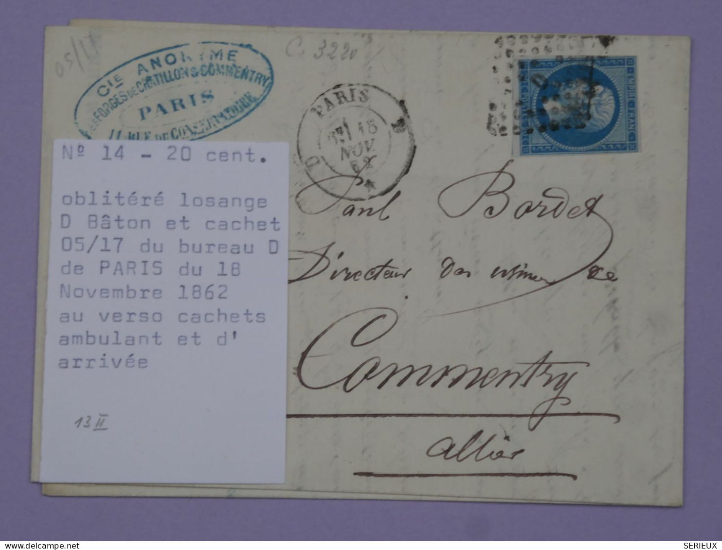 BR2 FRANCE BELLE LETTRE   1862  PARIS  A  COMMENTRY+N°14 BATON D  +LE PRESIDENT CONSEIL++ - 1853-1860 Napoleon III