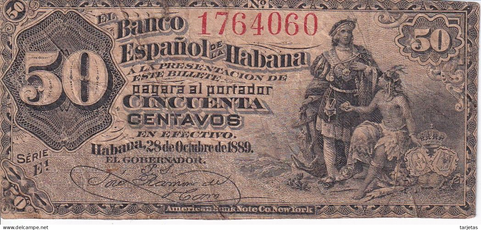 BILLETE DEL BANCO ESPAÑOL EN CUBA DE 50 CENTAVOS DEL AÑO 1889 (BANKNOTE) RARO - Cuba