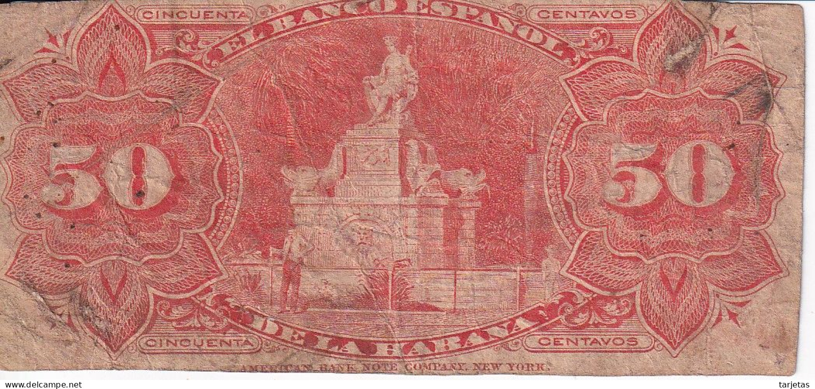 BILLETE DEL BANCO ESPAÑOL EN CUBA DE 50 CENTAVOS DEL AÑO 1889 (BANKNOTE) RARO - Kuba