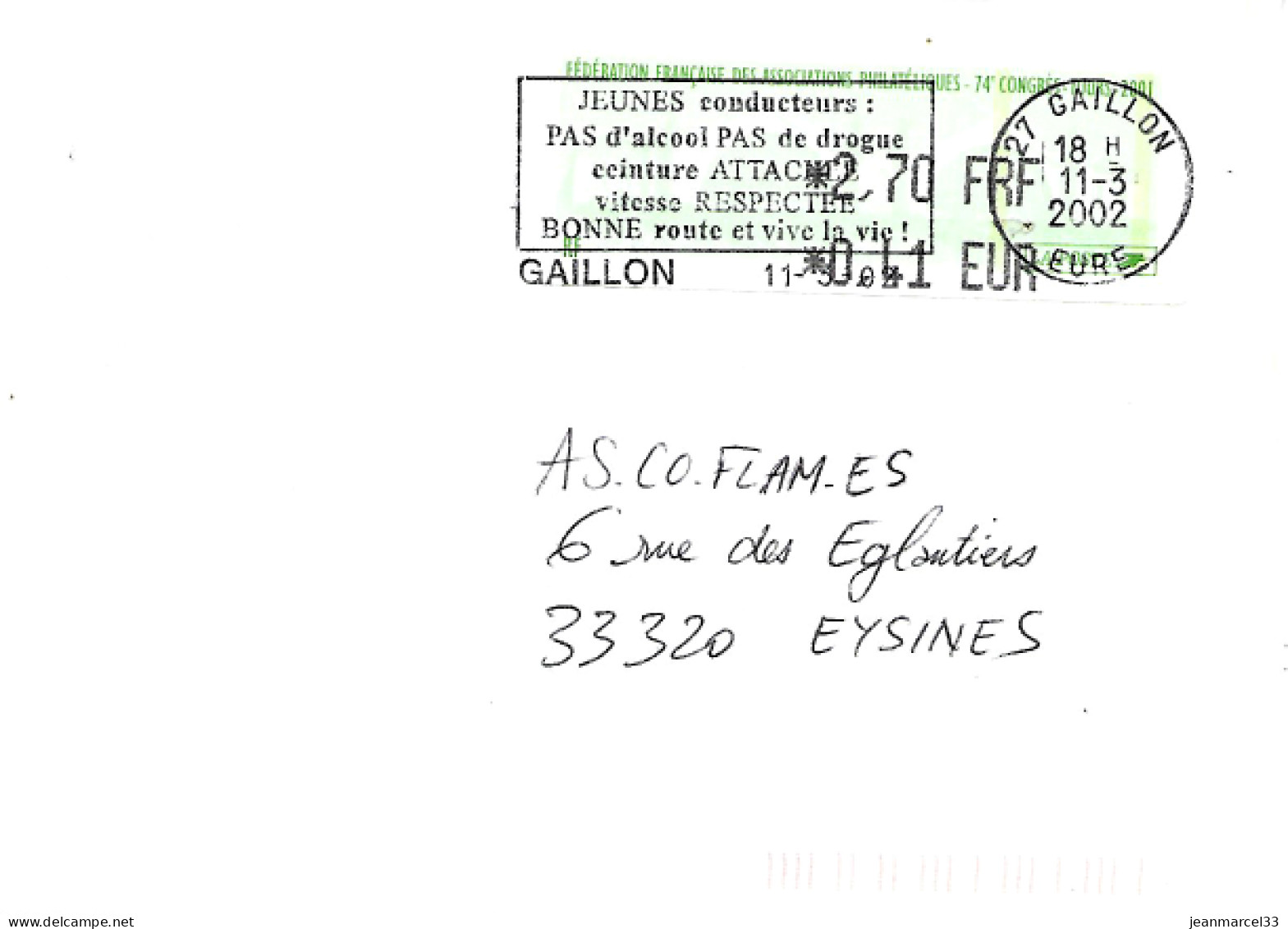 Lettre Flamme 27 Gaillon 11-3 2002 Affranchissement à 2,70 FRF Vignette Illustrée FFAP - Storia Postale